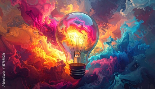 A luminous lightbulb, center stage, glows against a backdrop of swirling, vibrant, abstract colors, symbolizing inspiration