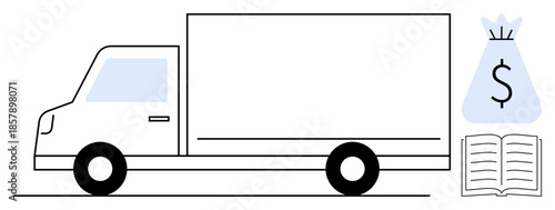 Delivery truck graphic with accompanying money bag and open book, representing logistics, financial planning, education, and business operations. Ideal for shipping, commerce, transportation