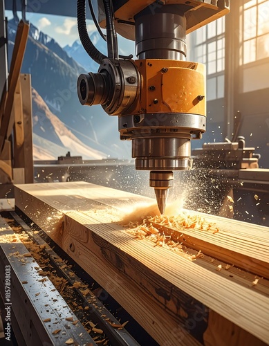 Large wood plank being precision cut by a machine in a workshop