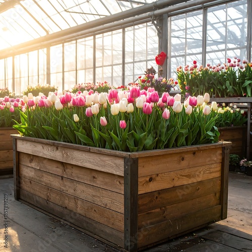 Large wooden planter overflowing with pink and white tulips in a greenhouse