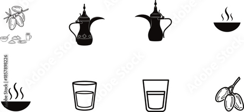Coffee and cardamom illustration set with traditional arabic coffee pot