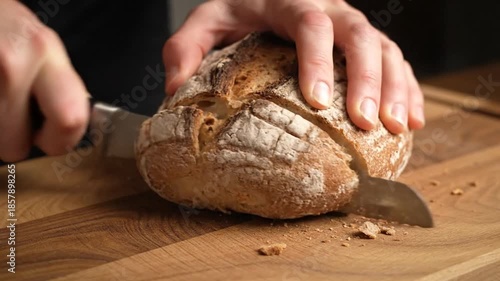 Cutting a freshly baked loaf of bread