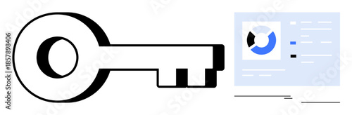 Bold black key beside a computer screen displaying circular chart and analytics data. Ideal for cybersecurity, access control, data analysis, authentication, privacy, unlocking, technology. Simple