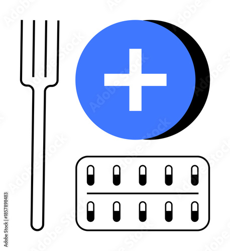Healthcare concept. Healthcare ed by medical cross and pills icon. Healthcare and nutrition balanced for well-being. For medical supplements, dietary health, pharmaceutical ads, wellness
