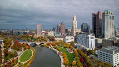 Aerial view of Downtown Columbus skyline, capitol of Ohio state, during autumn.