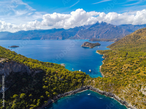 Fethiye Islands and Gemiler Bay, featuring crystal-clear turquoise sea, small forested islands, and sheltered Mediterranean bays in Fethiye, Turkey.