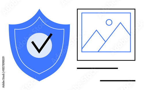 Blue shield with checkmark beside framed image and text lines communicates trust, verification, and data security. Ideal for digital safety, secure communication, online privacy, media protection