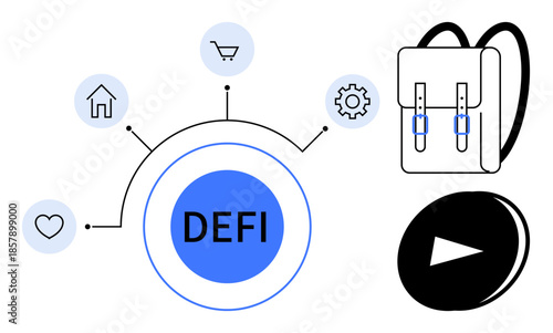 Decentralized finance, blockchain innovation, financial systems, e-commerce, connectivity, icons. Circular hub with DEFI and five linked icons. Decentralized finance and blockchain innovation concept
