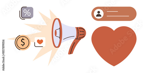 Megaphone promoting engagement, heart symbolizing connection, user icon for personalization, and dollar coin for monetization. Ideal for marketing, advertising, promotions, audience, branding social
