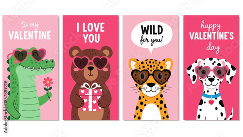 Cute Valentine's Day cards featuring cartoon animals dressed up in heart-shaped sunglasses and holding gifts