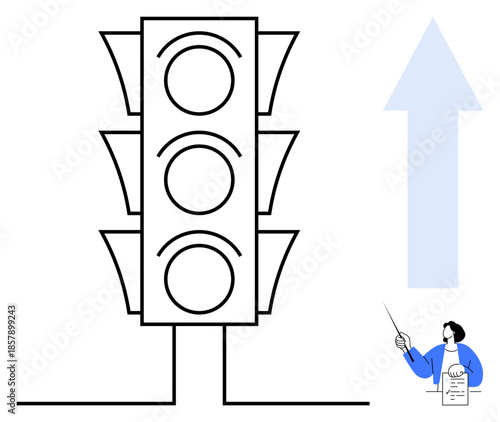 Traffic light graphic alongside an upward arrow and a person pointing at a chart. Ideal for progress, strategy, rules implementation, traffic management, decision-making, goal setting, planning