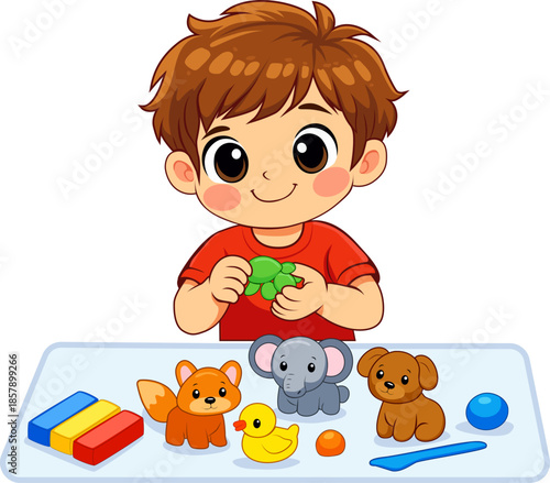 Cute boy sculpting figures from plasticine clay