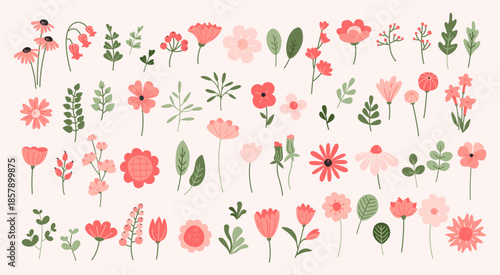 Trendy decorative Spring, Easter Flowers. Stylised wildflowers in various shapes and sizes with green leaves in a playful, hand-drawn style. Flat vector isolated, editable strokes