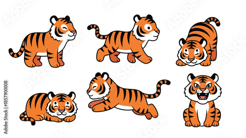 Modern vector illustration of tiger in six poses, bold flat wildlife animal set isolated on white background, ideal for education, posters, and branding