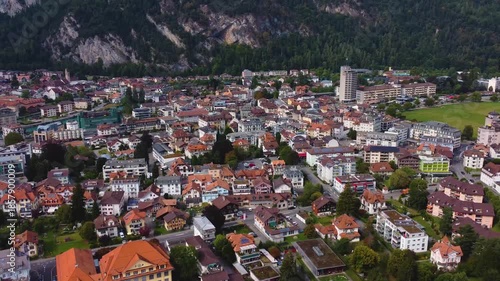 A panoramic Aerial view of the old town of the city Interlaken in Switzerland on a sunny noon in summer