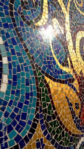 Intricate mosaic art with vibrant colors and detailed patterns, close-up view.