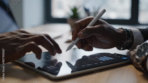 Business professionals collaborating on a tablet using a stylus for digital work.
