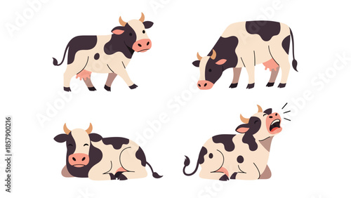 Modern vector illustration of cow in various poses, flat farm animal set isolated on white background, ideal for agriculture, education, and food branding