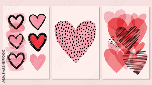 Collection of artistic heart illustrations with diverse styles hand-drawn, polka dot, and layered translucent designs. Ideal for love and romance