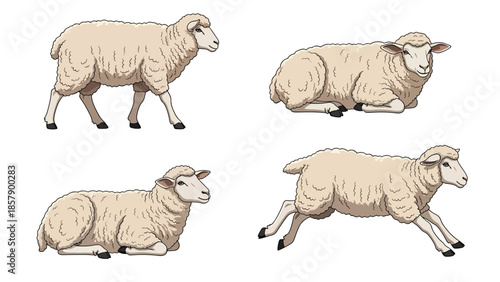 Modern vector illustration of sheep in various poses, cute flat farm animal set isolated on white background, ideal for kids, education, and rural themes