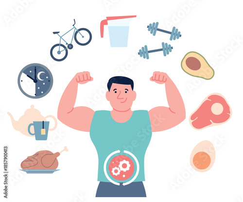 Male metabolism process. Regular workout, healthy food, daily drinking water. Chemical reaction and synthesis in human body, health lifestyle and nutrition, recent vector scene