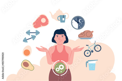 Human metabolism process. Metabolic system female body, healthy lifestyle. Gigestive and hormone cycle, energy and power, fresh food, recent vector concept