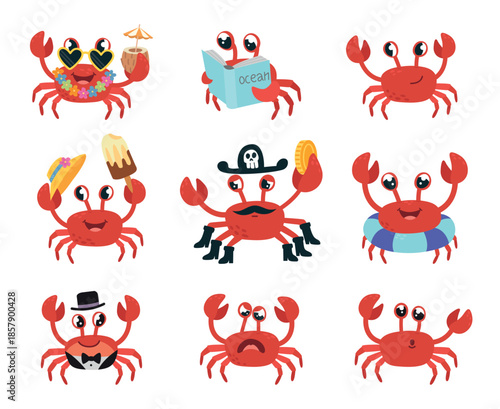 Funny crab characters. Positive crabs various situations. Summer vibes, sea world characters readings, eating, swimming. Underwater animals classy vector set