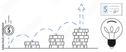 Financial planning, investment growth, innovative ideas, wealth building, business strategy, economic trends. Stacks of coins with arrows and lightbulb. Financial planning and investment growth