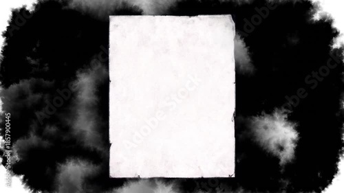 White parchment rectangle with worn edges emerging from dark fog, ready for typography, quotes, or announcements