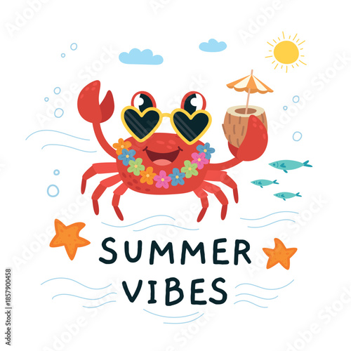 Crab print. Funny crab in sunglasses and floral hawaiian necklace with tropical cocktail. T-shirt childish sticker, banner, poster with ocean vibes, classy vector design