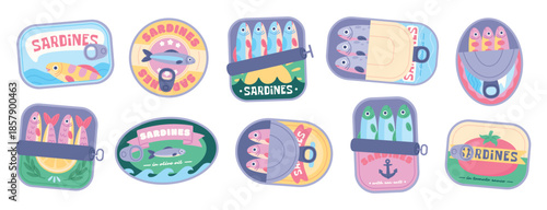 Cartoon sardines in cans. Canned fish, retro packages for seafood. Sprats, sea products in various cans. Fresh sardine for nutrition, racy vector set