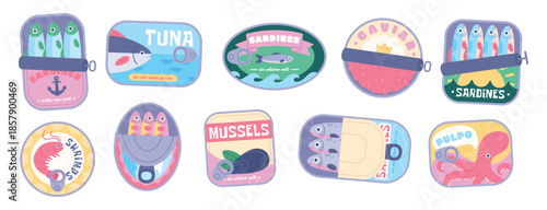 Seafood in cans. Fish shrimps octopus and caviar. Canned sardines and tuna, mussels in can. Isolated ocean food packages, food preserves, racy vector set
