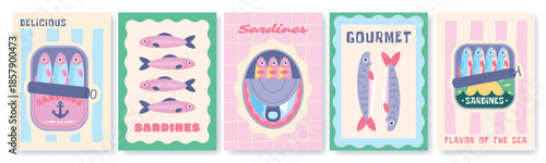 Sardines retro posters. Canned fish, seafood in cans retro poster design. Italian restaurant decorations, banners for cafe, bar, kitchen, racy vector set