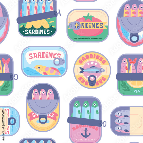 Sardines cans seamless pattern. Fish preserves retro design, doodle sardine in can. Italian food, seafood, popular canned fish. Print template, racy vector background