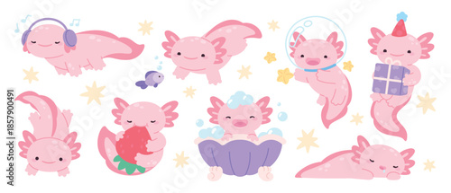 Cute axolotl different poses. Baby axolotls dreaming, taking bath, listen music in headphones. Funny amphibian, adorable reptiles, salamander mascots racy vector set