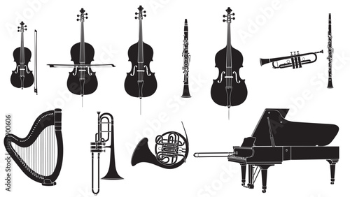 Set of black classical orchestra musical instrument silhouettes isolated on a transparent background