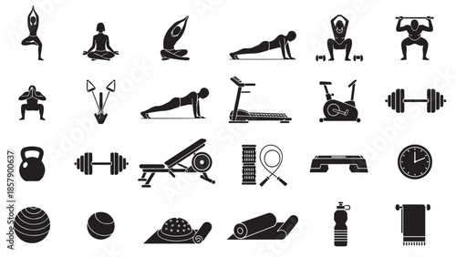 Fitness and yoga exercise silhouettes shown as black vector icons on a transparent background