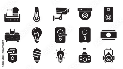 Set of black smart home automation and security system icons isolated on a transparent background
