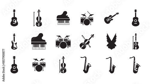 Set of black musical instrument silhouette icons isolated on a transparent background
