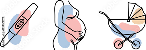 Pregnancy and parenting icons with abstract shapes baby stroller test positive pregnant