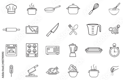Cooking utensils linear icon set kitchenware and equipment for restaurant and home