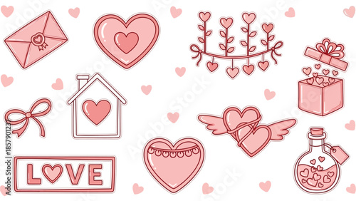 Collection of Valentine's Day themed icons featuring hearts, gifts, and romantic symbols for design and decoration