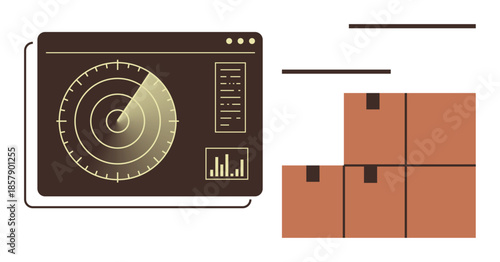 Radar interface with concentric tracking circles and data display next to four stacked parcel boxes. Ideal for logistics, inventory, shipping, delivery, tracking, management, and technology themes. A