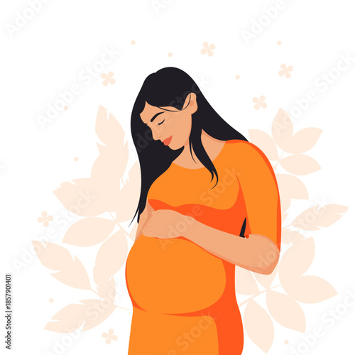 Pregnant woman holding her belly, expectant mother. Happy Mothers Day. Vector isolated flat illustration