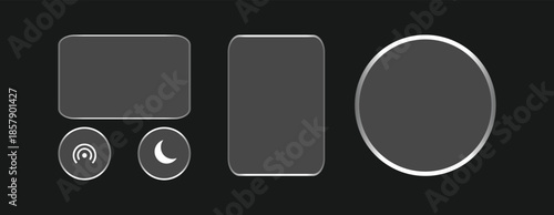 Liquid Glass UI Interface Isolated. White Transparent Frame Square and Circle Banner with Shine Stroke. Control center widget for smartphone and web app, Vector Illustration