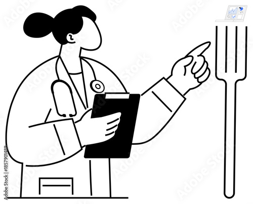 Healthcare, nutrition guidance, medical consultation, food choices, diet management, balanced living. Female doctor with clipboard pointing at a giant fork. Healthcare and nutrition guidance concept