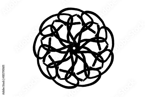 A black and white illustration of a complex circular design