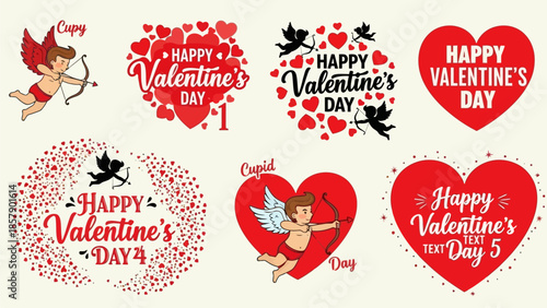 Happy Valentine's Day designs with Cupid and hearts, perfect for cards and decorations