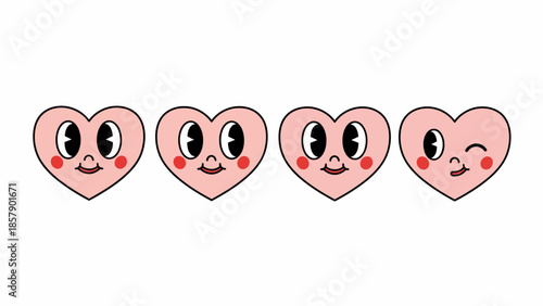 Charming collection of four pink cartoon hearts, each featuring a unique and cheerful facial expression including sweet smiles and a playful wink, in a modern retro illustration style