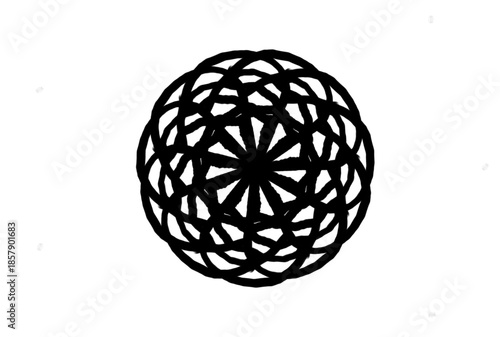 A black geometric sphere with intricate patterns on a white background